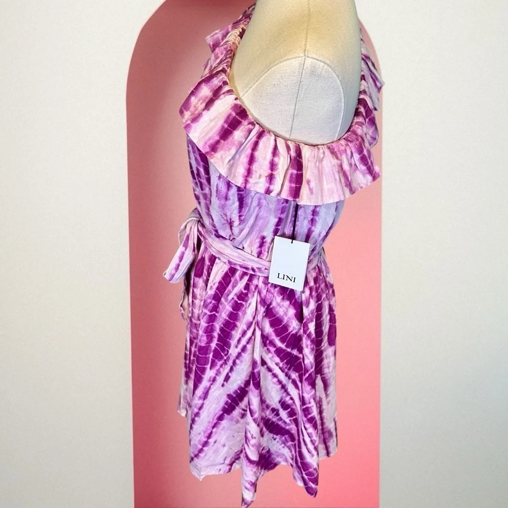 NWT LINI ‘Remi’ Ruffled Tie Dye Mini Dress in “Lavender & White” Size Small - Picture 6 of 15